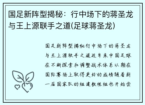 国足新阵型揭秘：行中场下的蒋圣龙与王上源联手之道(足球蒋圣龙)