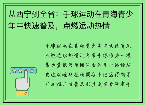 从西宁到全省：手球运动在青海青少年中快速普及，点燃运动热情